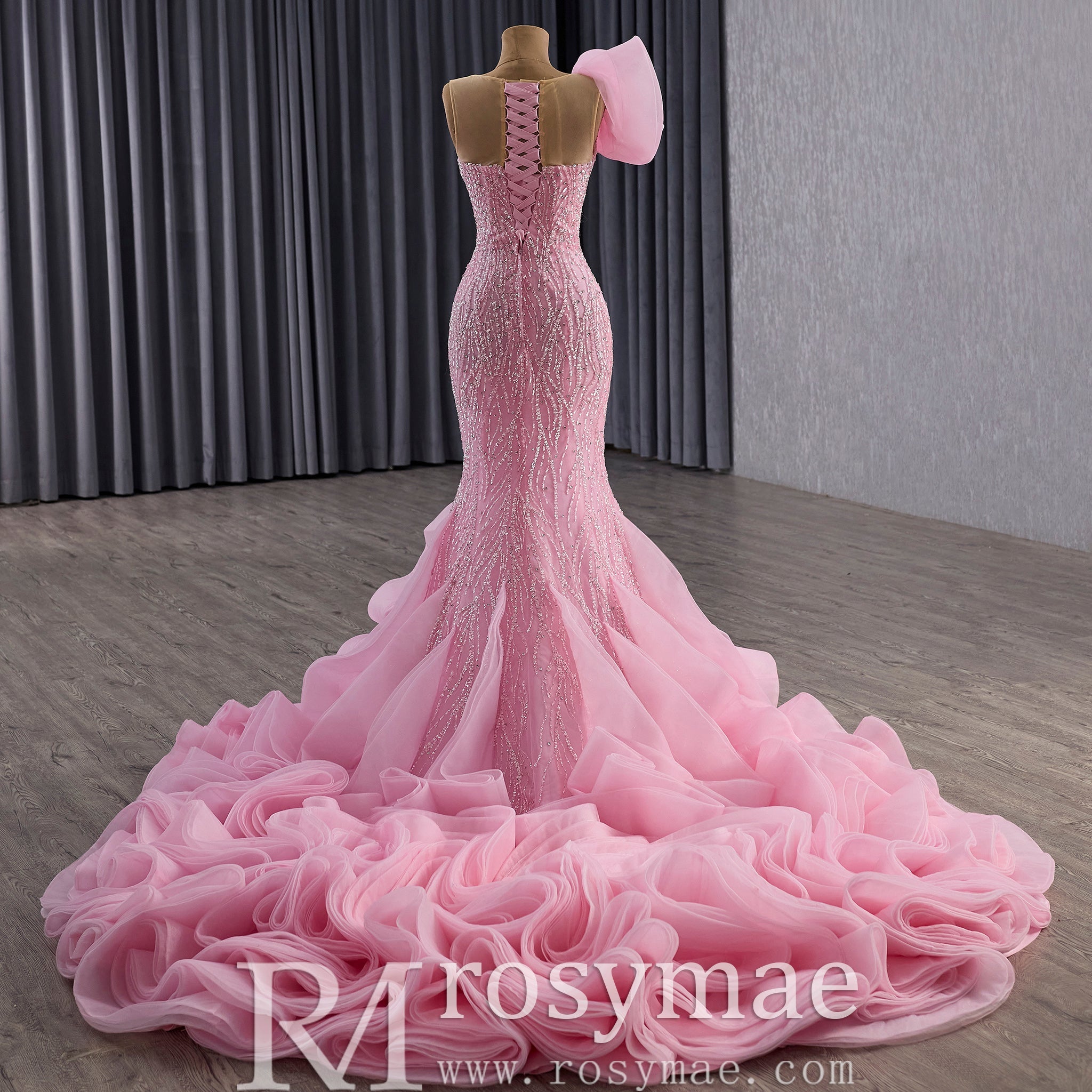Heavily Beaded Pink Mermaid Wedding Dress with Cathedral Train and 3D Floral Detail - Rosymae