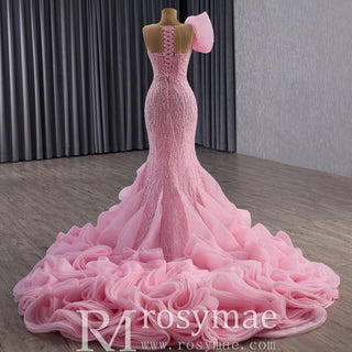 Heavily Beaded Pink Mermaid Wedding Dress with Cathedral Train and 3D Floral Detail - Rosymae
