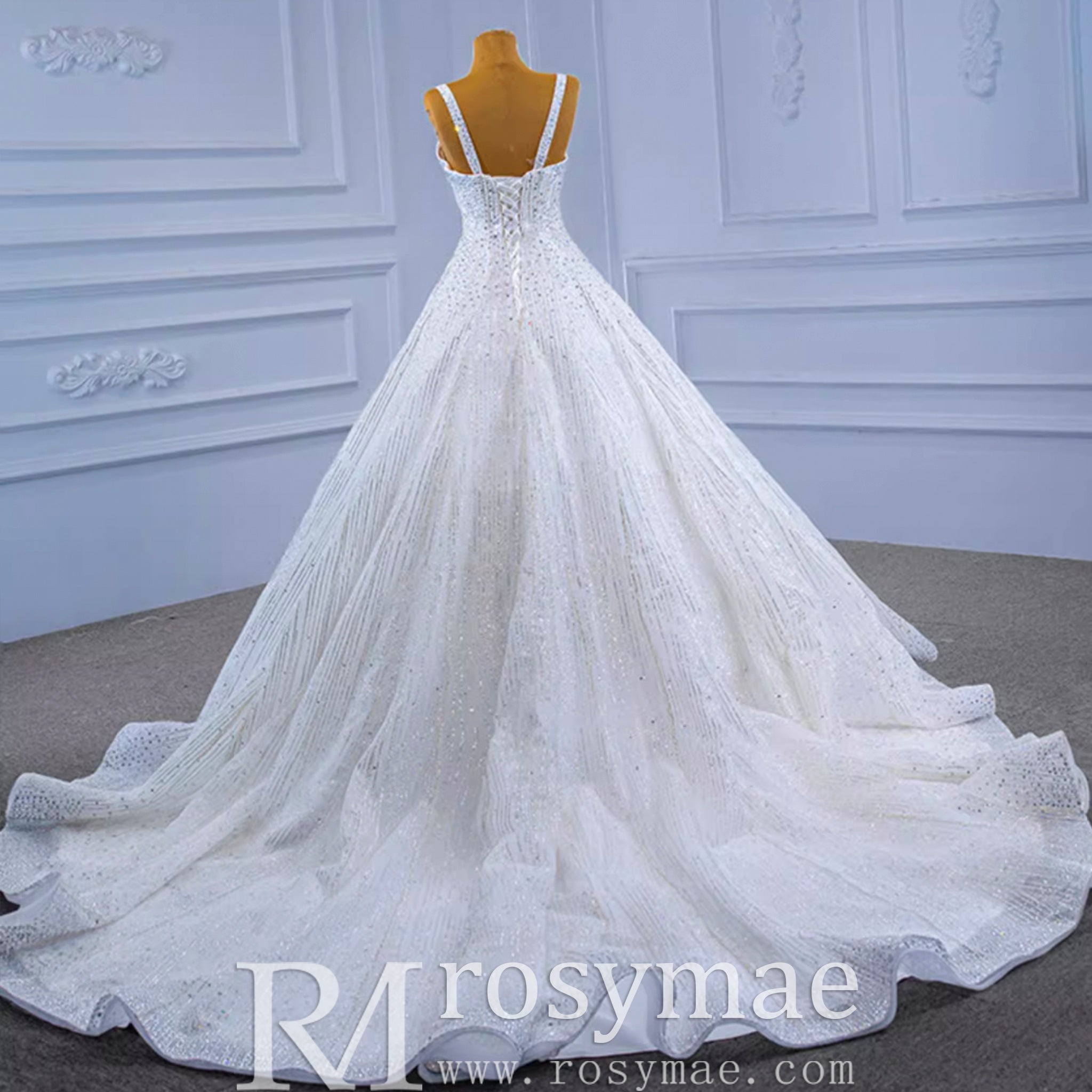 Heavy Beading Luxury Puffy Wedding Dress with Wide Straps - Rosymae