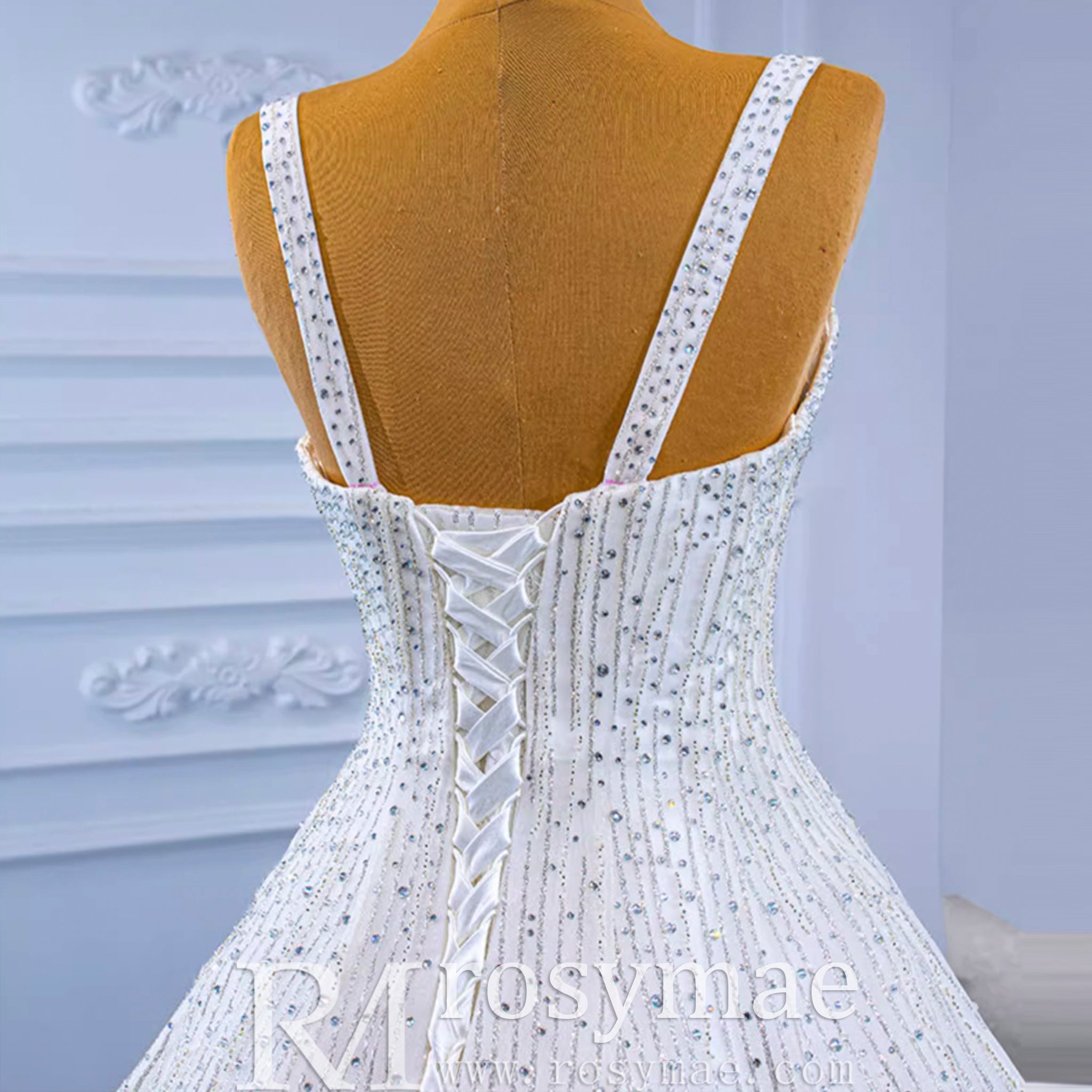 Heavy Beading Luxury Puffy Wedding Dress with Wide Straps - Rosymae