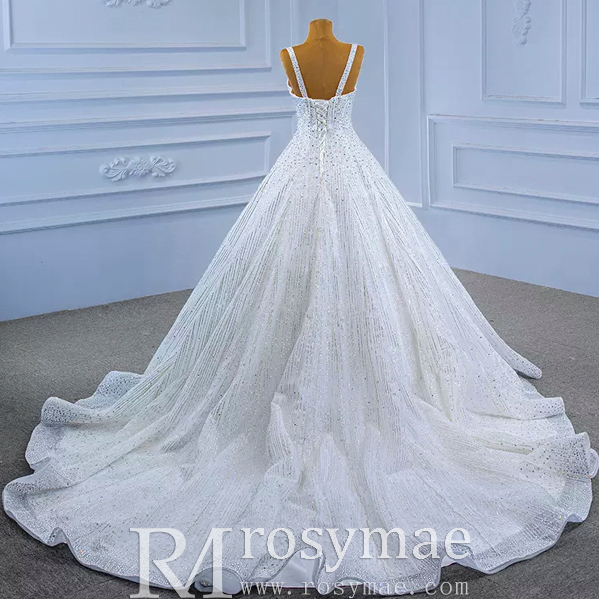 Heavy Beading Luxury Puffy Wedding Dress with Wide Straps - Rosymae