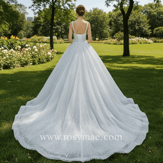 Heavy Beading Luxury Puffy Wedding Dress with Wide Straps - Rosymae