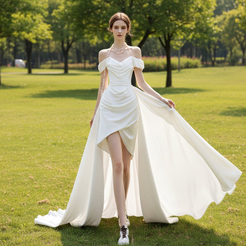 Hi-Lo Above the Knee Satin Wedding Dress with Off the Shoulder - Rosymae