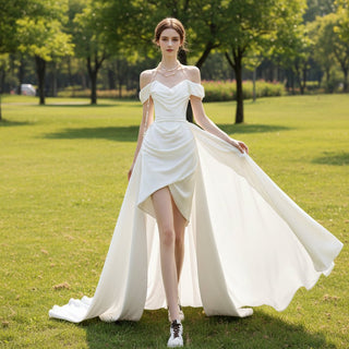 Hi-Lo Above the Knee Satin Wedding Dress with Off the Shoulder - Rosymae