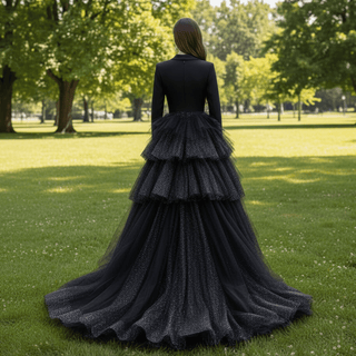 Hi-lo Black Dress in Wedding Long Sleeve V-neck Evening Dress - Rosymae