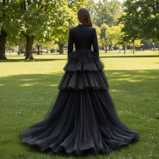 Hi-lo Black Dress in Wedding Long Sleeve V-neck Evening Dress