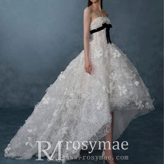 Strapless Leaf Lace High Low Wedding Dress A-line Bridal Gown