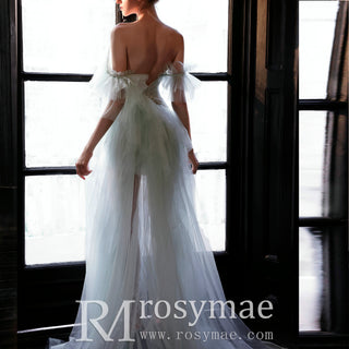 Off-The-Shoulder Mini Wedding Dress Above Knee with Train