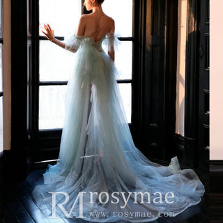 Off-The-Shoulder Mini Wedding Dress Above Knee with Train