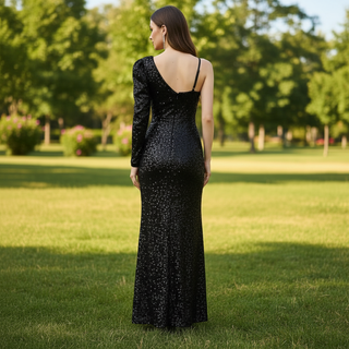One Shoulder Long Sleeve Evening Dress with Leg Slit