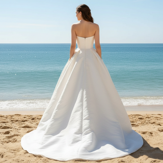 Vestido de novia recto alto bajo por encima de la rodilla con bolsillo