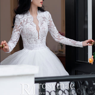 Deep V & Plunge Neckline Wedding Dress with Long Sleeve