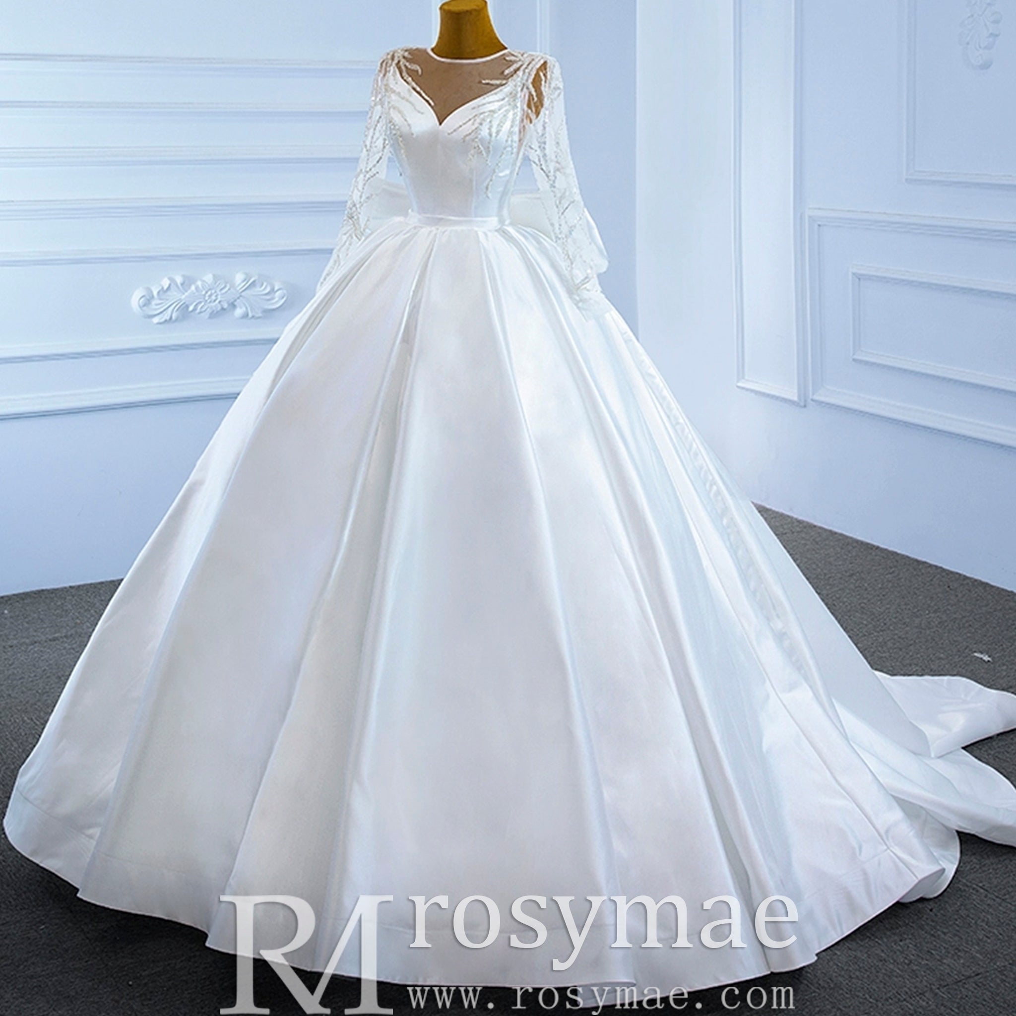 High Back Long Sleeve Satin Ball Gown Wedding Dress with Long Bow - Rosymae