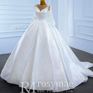 High Back Long Sleeve Satin Ball Gown Wedding Dress with Long Bow - Rosymae
