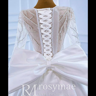 High Back Long Sleeve Satin Ball Gown Wedding Dress with Long Bow - Rosymae