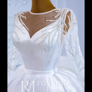 High Back Long Sleeve Satin Ball Gown Wedding Dress with Long Bow - Rosymae