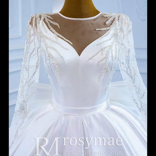 High Back Long Sleeve Satin Ball Gown Wedding Dress with Long Bow - Rosymae