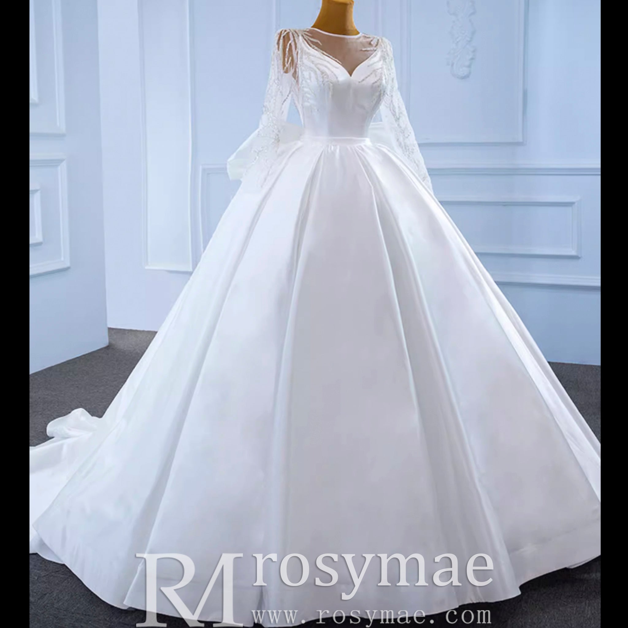 High Back Long Sleeve Satin Ball Gown Wedding Dress with Long Bow - Rosymae