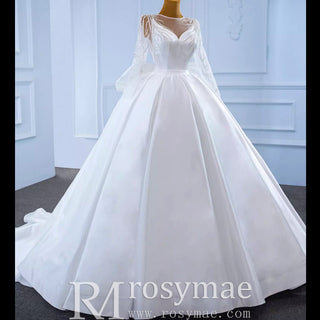High Back Long Sleeve Satin Ball Gown Wedding Dress with Long Bow - Rosymae