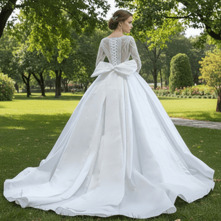 High Back Long Sleeve Satin Ball Gown Wedding Dress with Long Bow - Rosymae
