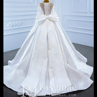 High Back Long Sleeve Satin Ball Gown Wedding Dress with Long Bow - Rosymae
