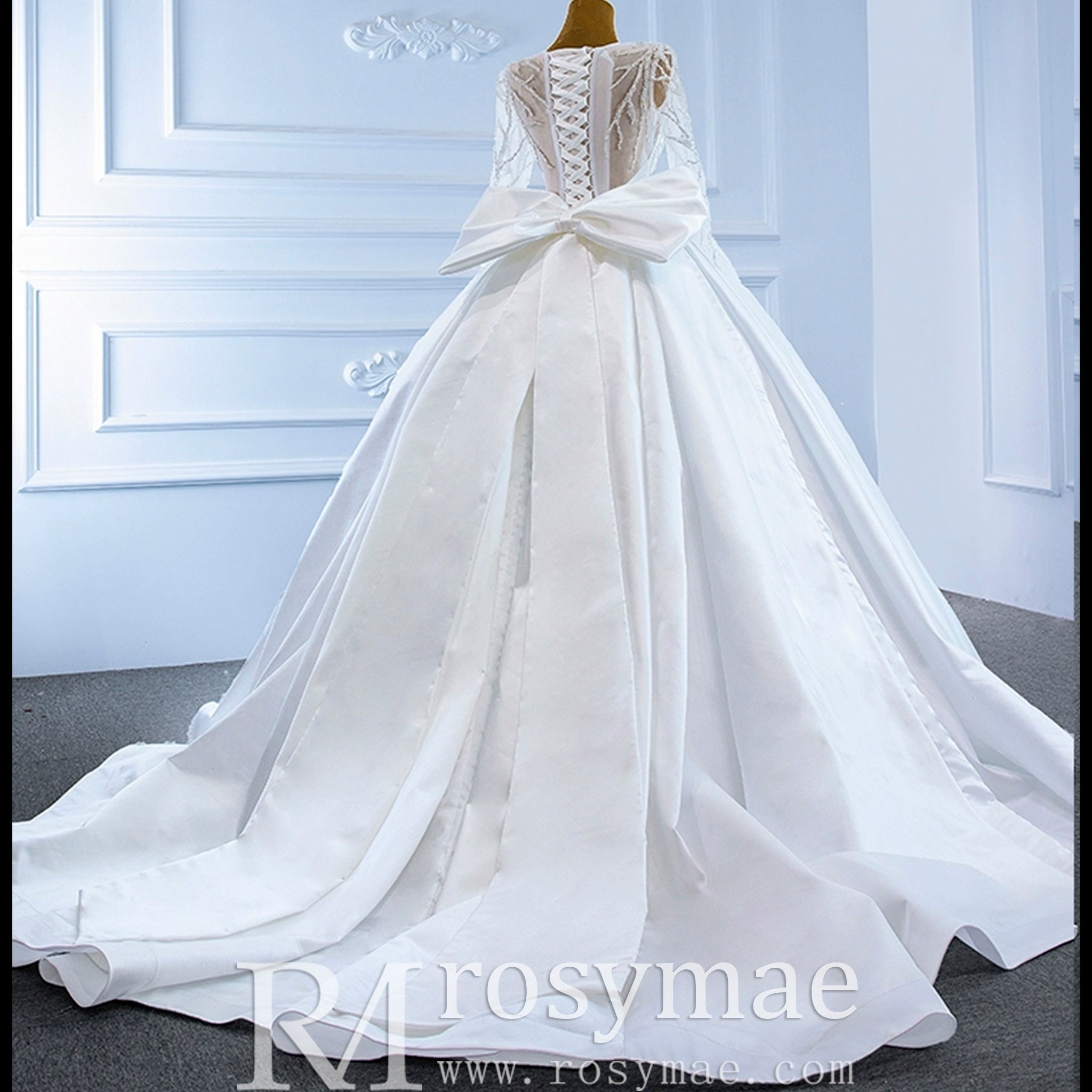 High Back Long Sleeve Satin Ball Gown Wedding Dress with Long Bow - Rosymae