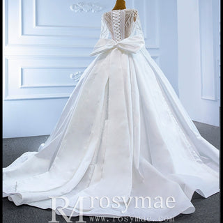 High Back Long Sleeve Satin Ball Gown Wedding Dress with Long Bow - Rosymae