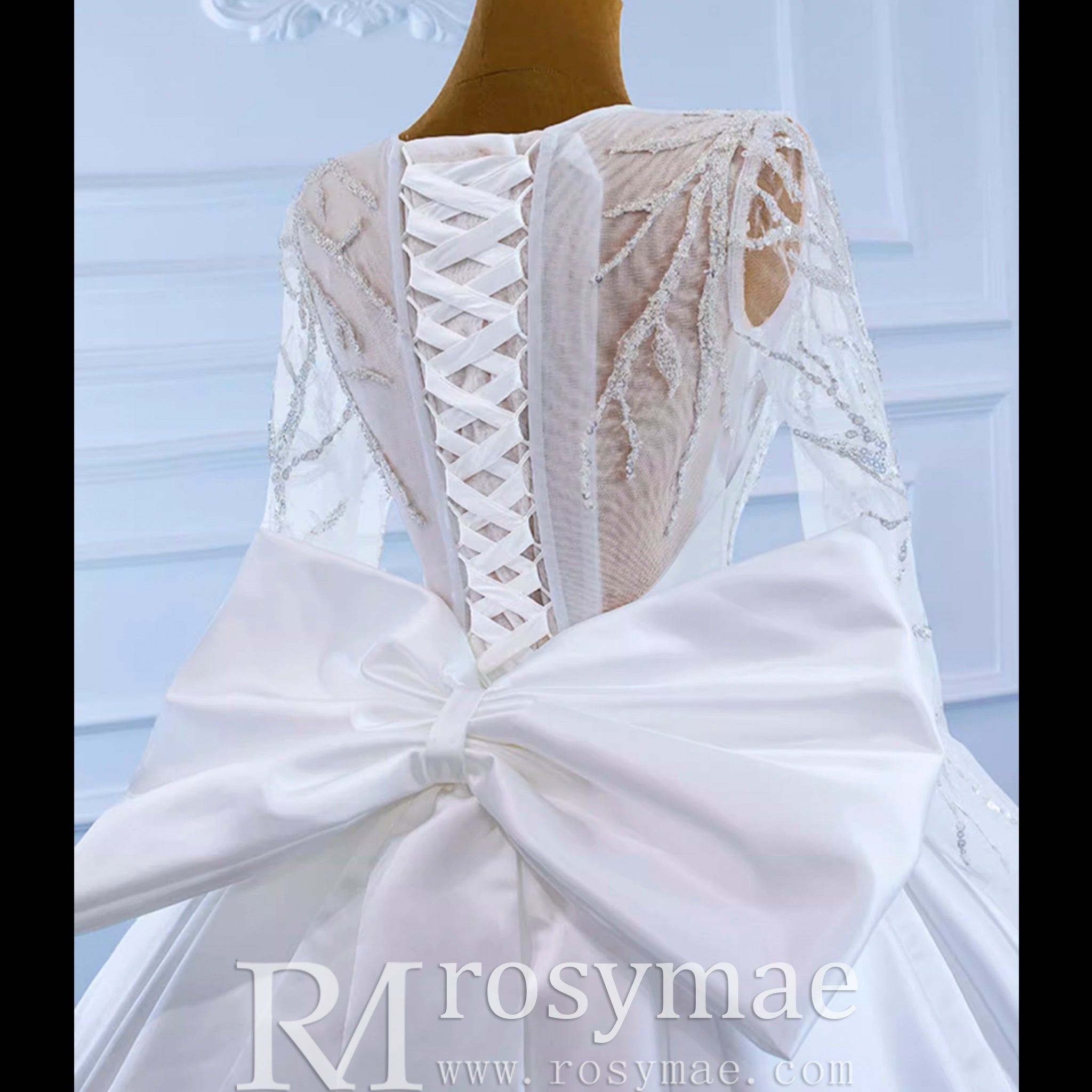 High Back Long Sleeve Satin Ball Gown Wedding Dress with Long Bow - Rosymae