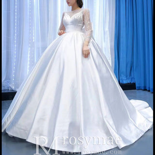 High Back Long Sleeve Satin Ball Gown Wedding Dress with Long Bow - Rosymae