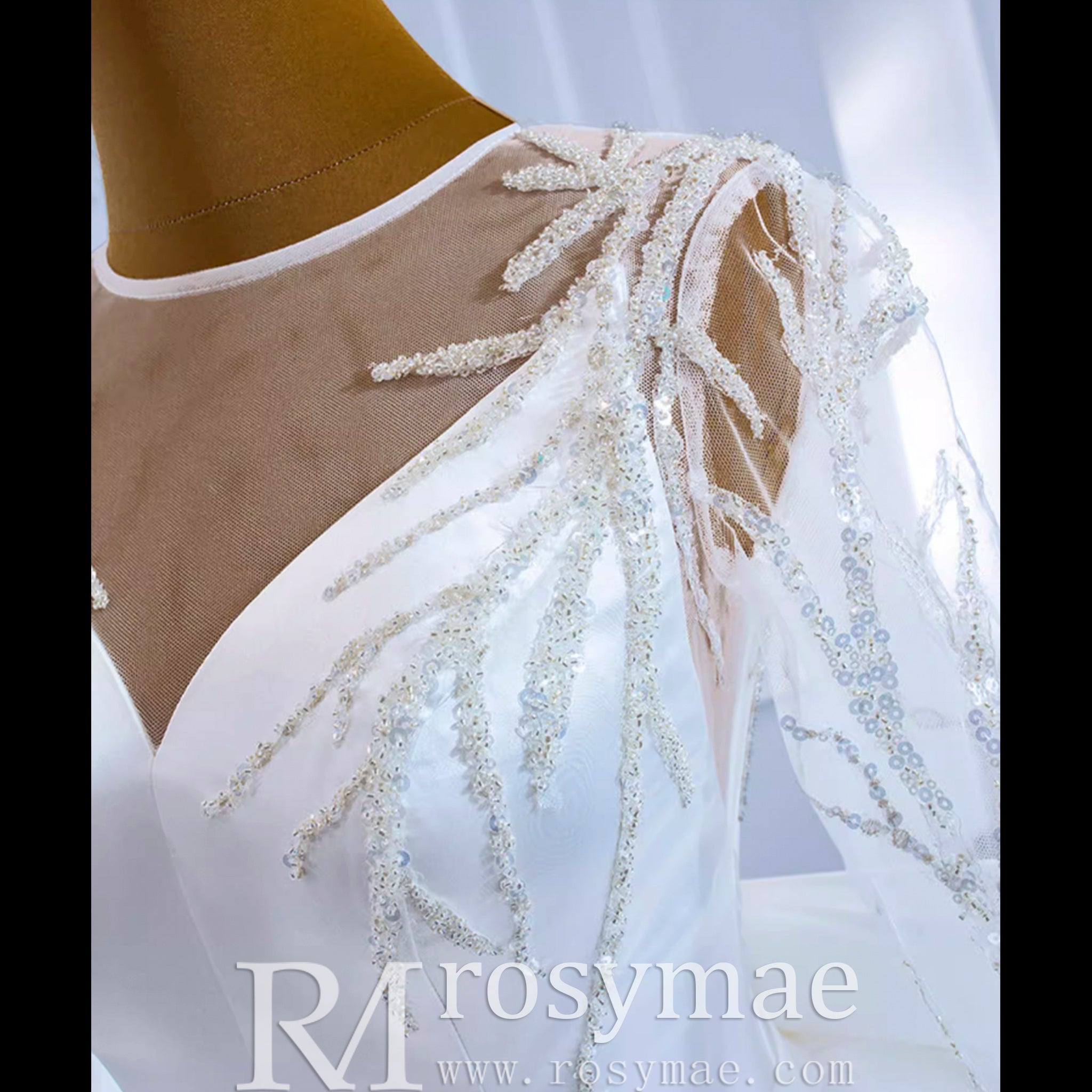 High Back Long Sleeve Satin Ball Gown Wedding Dress with Long Bow - Rosymae