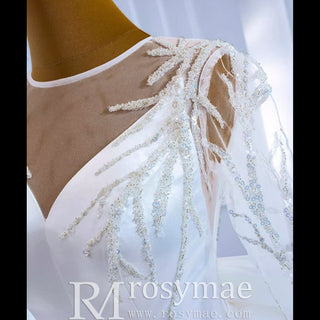 High Back Long Sleeve Satin Ball Gown Wedding Dress with Long Bow - Rosymae