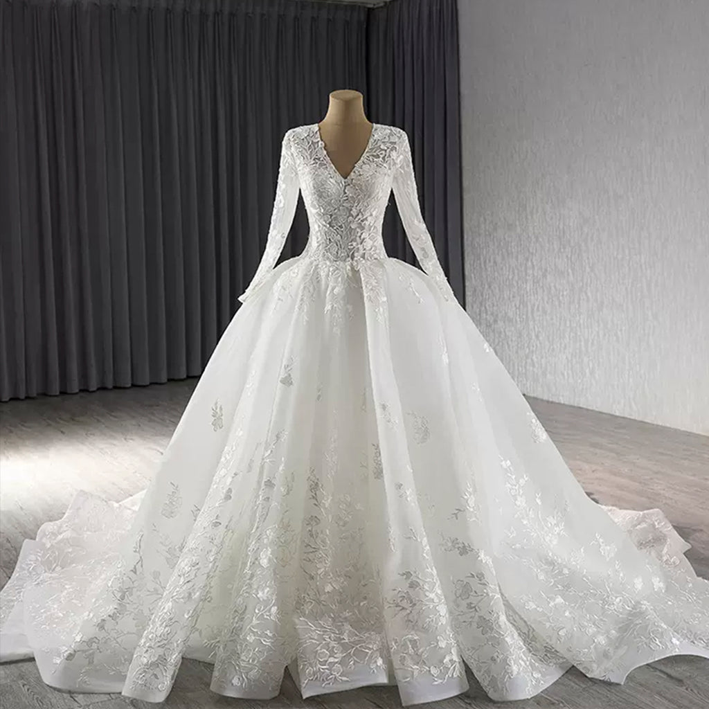 Long Ball Gown High Neck Tulle Lace Wedding Dresses with Sleeves