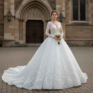 Long Sleeve Ball Gown Lace Tulle Wedding Dress with High Back