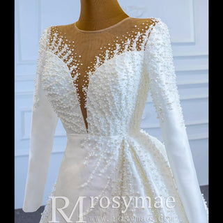 High Back Pearl Beaded Satin Long Sleeve Wedding Dress with Overskirt - Rosymae