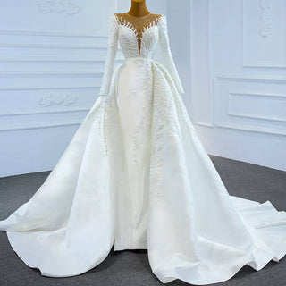 High Back Pearl Beaded Satin Long Sleeve Wedding Dress with Overskirt - Rosymae