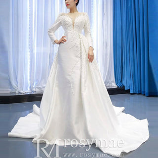 High Back Pearl Beaded Satin Long Sleeve Wedding Dress with Overskirt - Rosymae