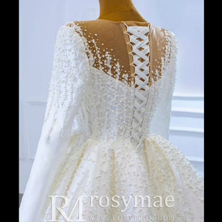 High Back Pearl Beaded Satin Long Sleeve Wedding Dress with Overskirt - Rosymae