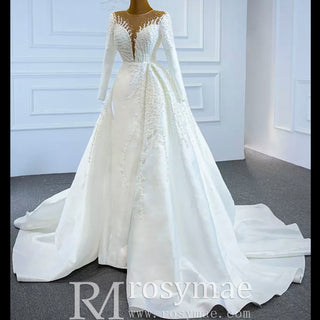 High Back Pearl Beaded Satin Long Sleeve Wedding Dress with Overskirt - Rosymae