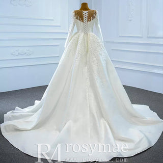 High Back Pearl Beaded Satin Long Sleeve Wedding Dress with Overskirt - Rosymae