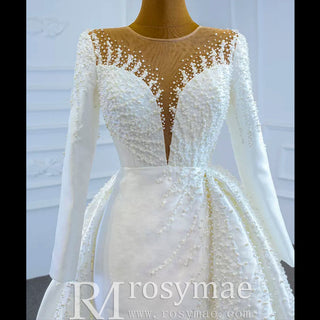 High Back Pearl Beaded Satin Long Sleeve Wedding Dress with Overskirt - Rosymae