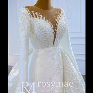High Back Pearl Beaded Satin Long Sleeve Wedding Dress with Overskirt - Rosymae