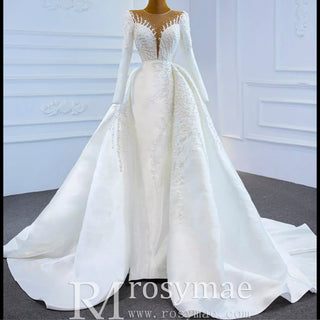 High Back Pearl Beaded Satin Long Sleeve Wedding Dress with Overskirt - Rosymae