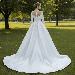 High Back Pearl Beaded Satin Long Sleeve Wedding Dress with Overskirt - Rosymae
