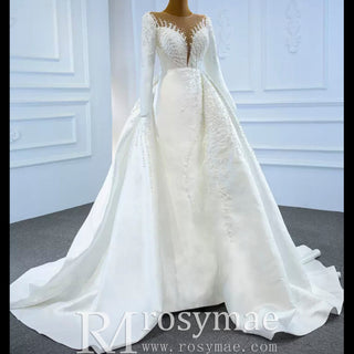 High Back Pearl Beaded Satin Long Sleeve Wedding Dress with Overskirt - Rosymae