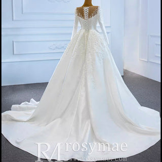 High Back Pearl Beaded Satin Long Sleeve Wedding Dress with Overskirt - Rosymae