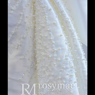 High Back Pearl Beaded Satin Long Sleeve Wedding Dress with Overskirt - Rosymae