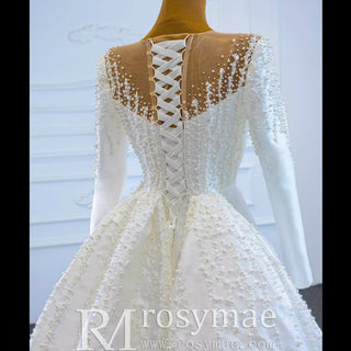 High Back Pearl Beaded Satin Long Sleeve Wedding Dress with Overskirt - Rosymae