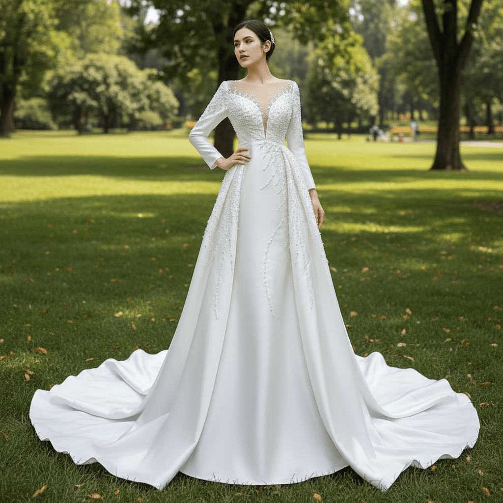 High Back Pearl Beaded Satin Long Sleeve Wedding Dress with Overskirt White / 22W