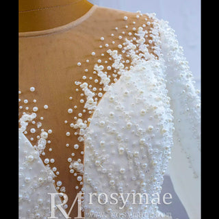 High Back Pearl Beaded Satin Long Sleeve Wedding Dress with Overskirt - Rosymae