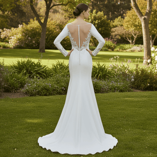 High Boat Neckline Satin Long Sleeve Sheath Wedding Dress - Rosymae